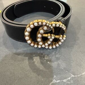 GG Black Leather Belt with Gold and Pearl Buckle